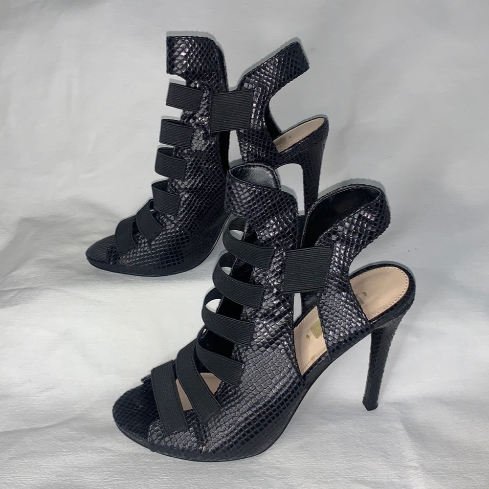 Guess Black “Snakeskin” Gladiator Stilettos 8W